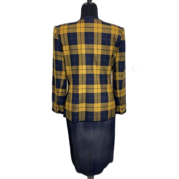 KASPER For ALS Vtg SKIRT SUIT In Mustard & Blue Plaid Size 6P w/Shoulder Pads - Picture 2 of 16